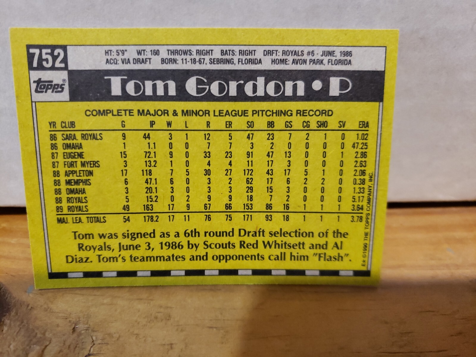 1990 Topps752 Tom Gordon Rookie Card Kansas City Royals Mint Pre Owned