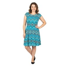 Anne Klein Dress 16 Blue Multicolor Geometric Print Cap Sleeve Modern Classic