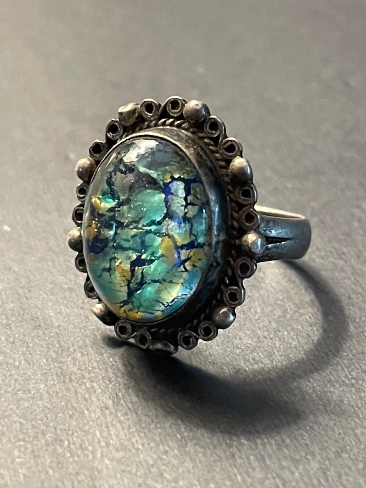 Vintage Simulated Opal Ring Solitaire Sterling Si… - image 1