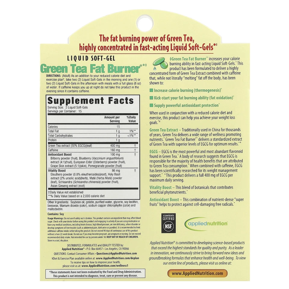 Quemador de grasa de té verde®, 30 geles blandos líquidos de acción rápida Foto 2 de 2