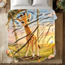 Baby Giraffe On Floral Swing Coral Fleece Blanket Cute Nursery Decor