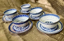 Antique Chinese Rice Grain Dragon Cups & Saucers Set 5 Kangxi Mark Republic