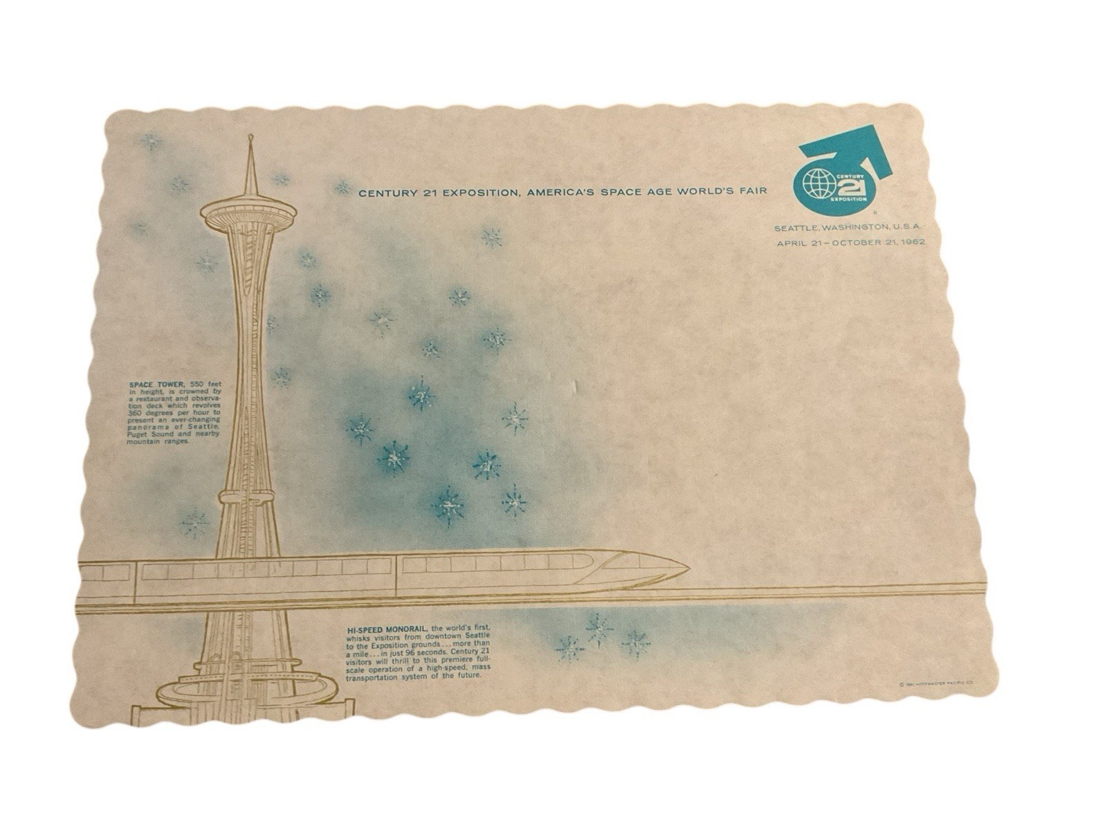 1962 Seattle Space Needle World's Fair Monorail Vintage Placemat