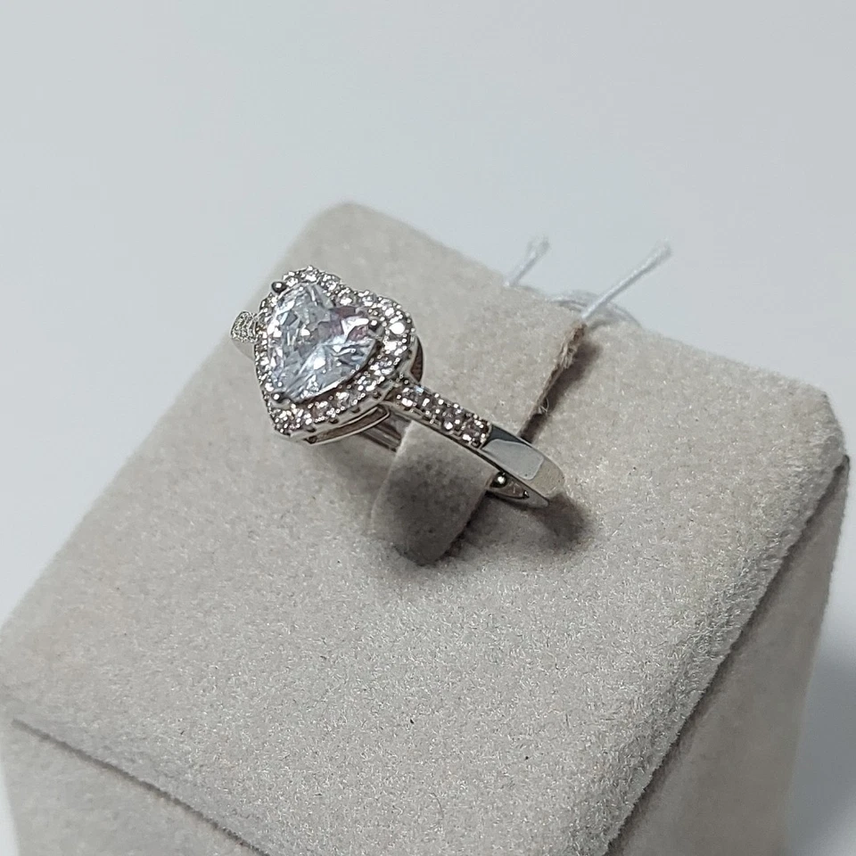 Anello Argento  925 Bianco con Cuore Zirconi Brillanti Elegante Donna Regolabile - Immagine 3 di 4