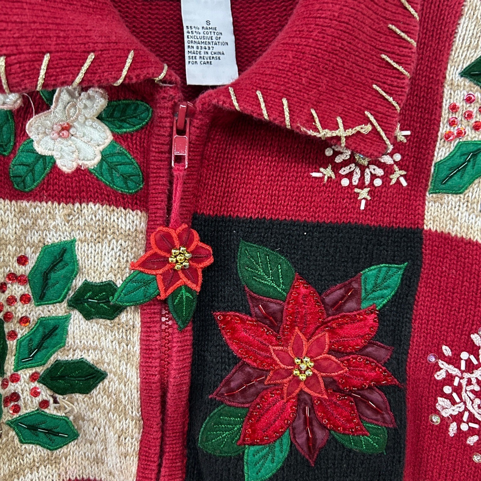 Christmas Embroidered Patchwork Zip Front Cardiga… - image 3