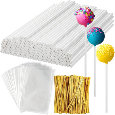 300 Stück Cake Pop Sticks und Wrappers Kit, 100 langer Lutscherstäbchen, 100 Gol