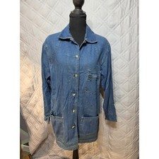 Unbranded Blue Denim Chore Jacket Plaid Lined Utility Barn Coat Medium Wash READ