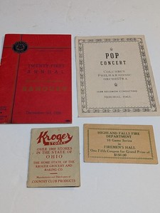 Ohio Ephemera Lot (4) – 1938 Banquet, Pop Concert, Kroger, Fire Dept Card