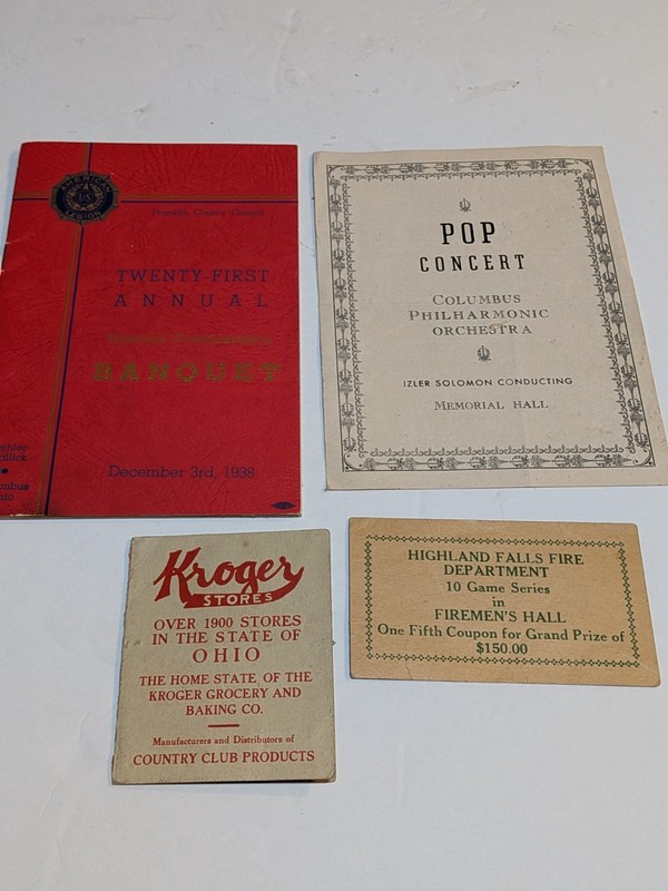 Ohio Ephemera Lot (4) – 1938 Banquet, Pop Concert, Kroger, Fire Dept Card