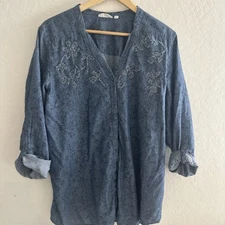 J Jill | Uncommon Threads Womens Shirt Chambray Tunic Floral Applique XL Denim