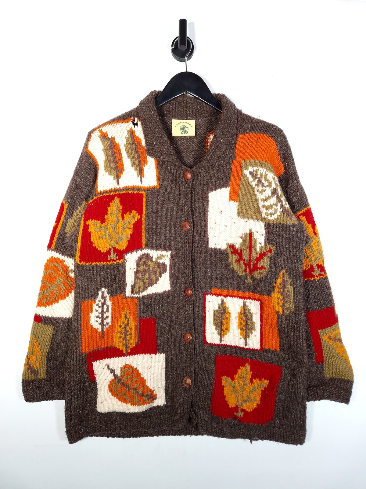 Pachamama Cardigan Size XL Women's Brown Autumn Leaves 100% Wool Hand Knit