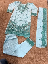 Women  s 3-Piece Embroidered Salwar Kameez Suit Tunic Pants Dupatta Blue Set L