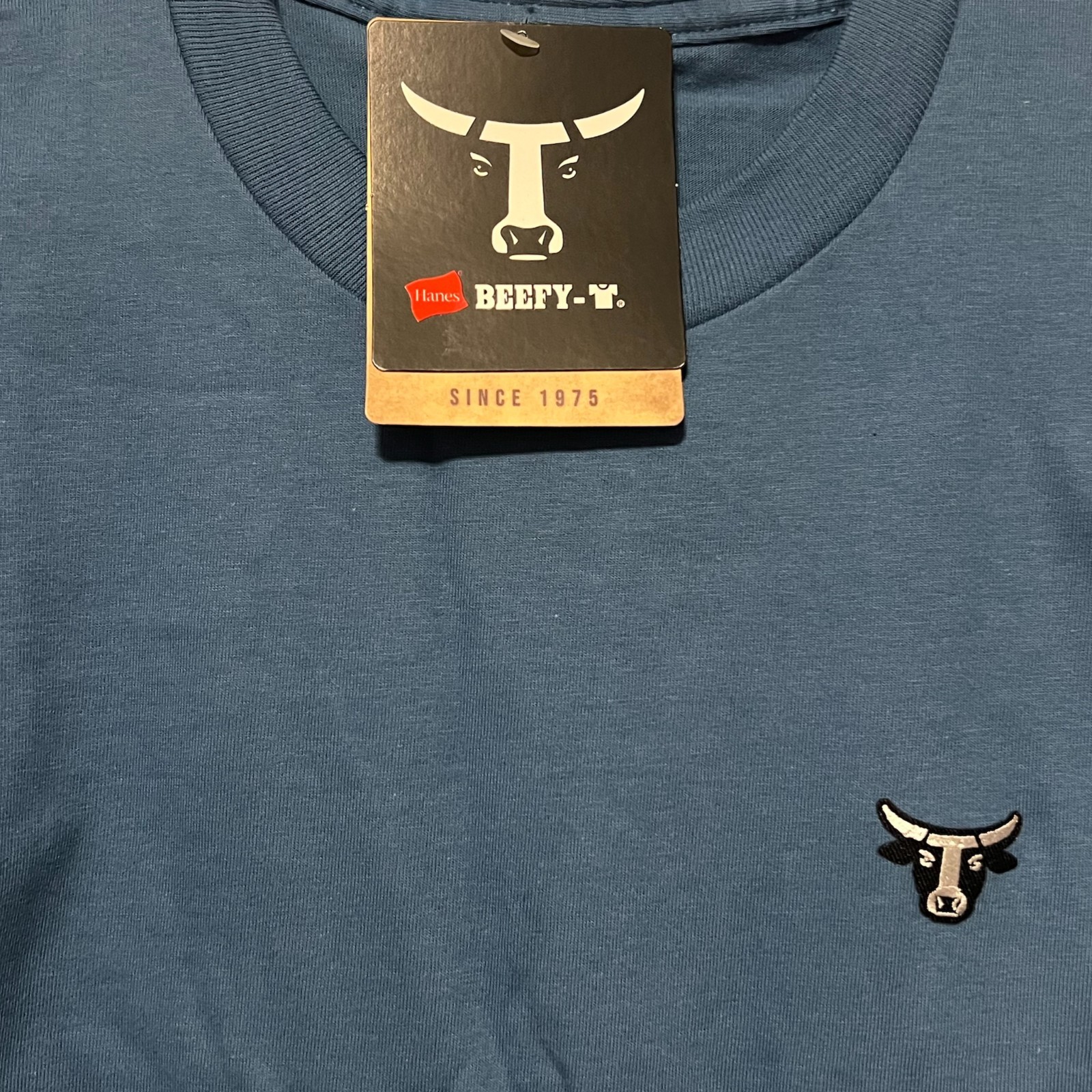 Hanes Beefy T Bull Logo T-Shirt Short Sleeve Heavyweight Cotton Denim Blue Small