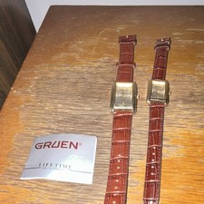 2 Gruen Quartz Rectangle Gold Dress Watch Brown Leather Strap Analog Formal