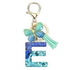 Initial Letter Keychains, Resin Cute Pendant with Butterfly  Tassel, Teal-E