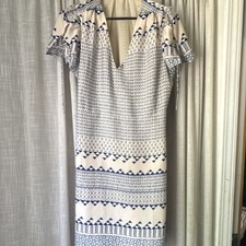 Madewell Silk Geometric Pencil Dress Blue/White V-Neck Flutter Sleeve 8