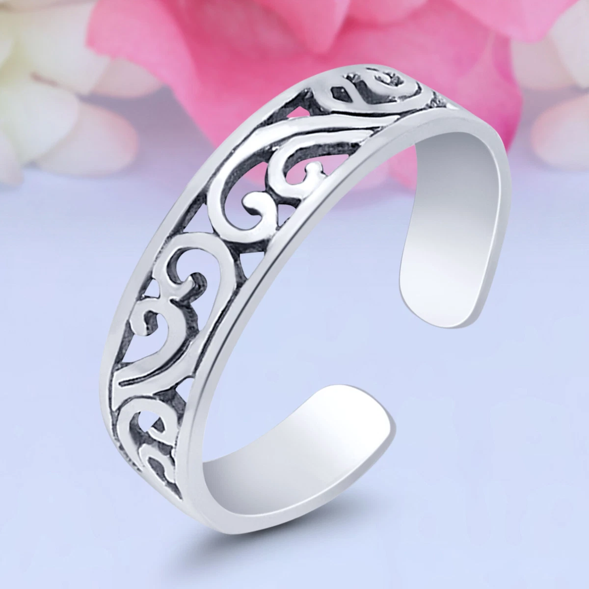 4mm Filigree Design Band 925 Sterling Silver Toe Ring Thin Adjustable Toe Ring