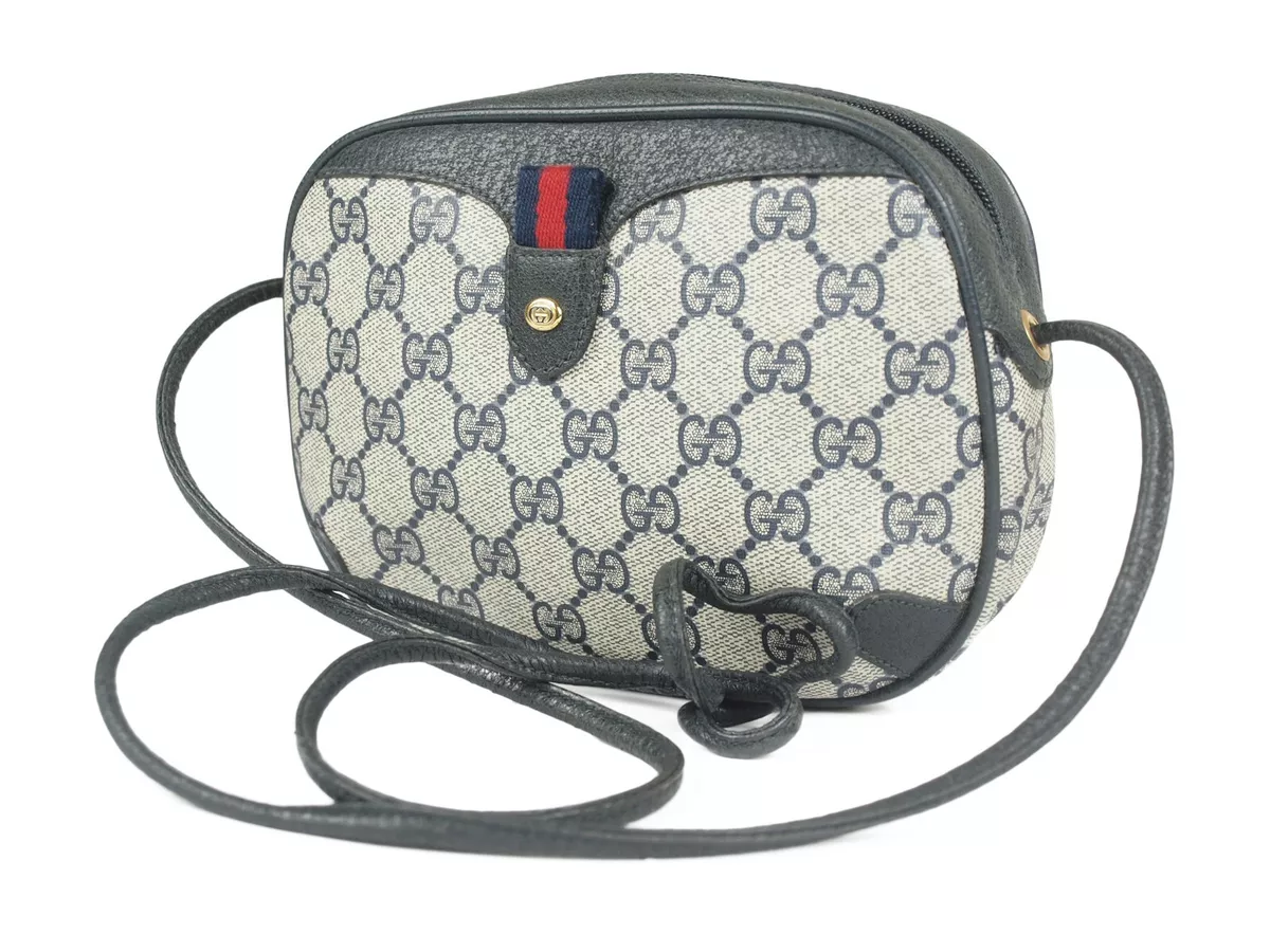 1980s GUCCI Web Navy Monogram Canvas Crossbody Bag