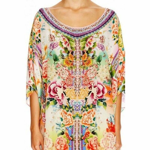 NEW CAMILLA FLOWER HOUR SHORT ROUND NECK KAFTAN SILK CRYSTALS ONE SIZE - Picture 4 of 5