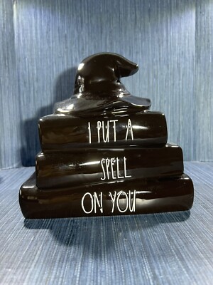 Rae Dunn I PUT A SPELL ON YOU Halloween Book Stack Black Witch Hat Decoration