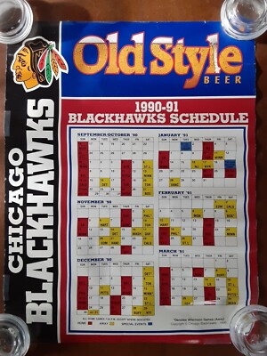 Vintage Heileman's Old Style Chicago Blackhawks Calendar Schedule 90-91 Poster