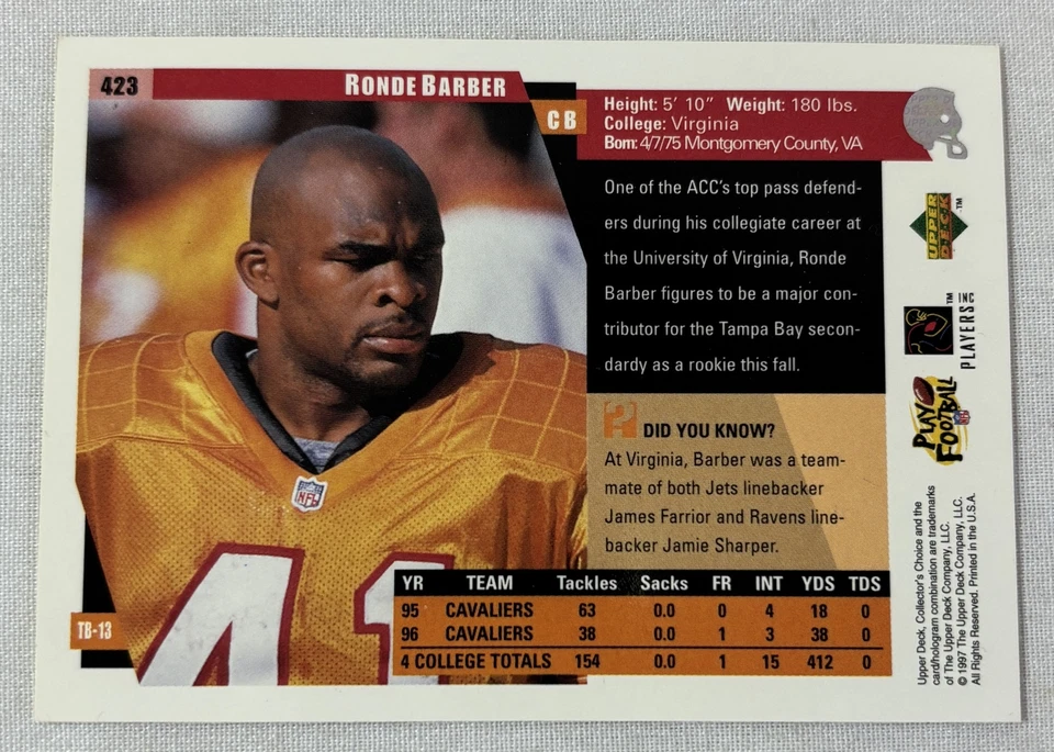 1997 Upper Deck Collector's Choice #423 ~ RONDE BARBER RC - Image 2 of 2
