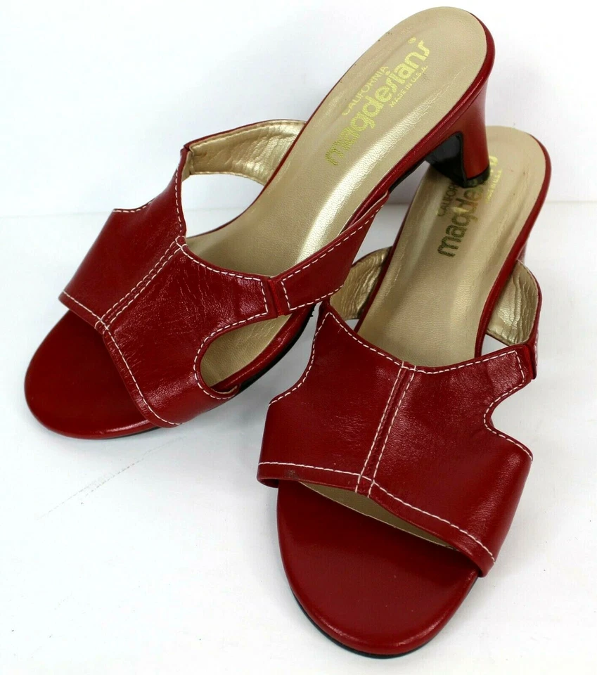 California Magdesians Red Leather White Stitch Slide On Sandal Size 8W Like New  - Image 3 of 4