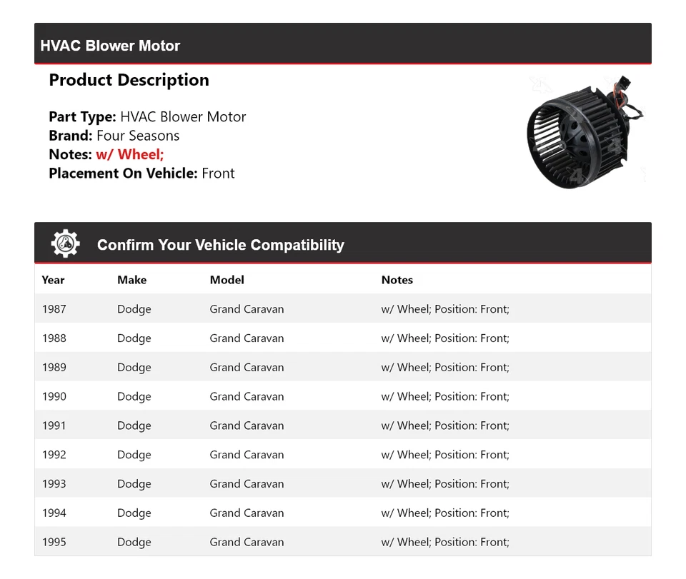 For 1987-1995 Dodge Grand Caravan HVAC Blower Motor Front 4 Seasons 1988 1989 - Image 2 of 4