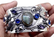 Labradorite & Tanzanite Gemstone 925 Sterling Silver Cuff Bracelet ADJ-Bangle
