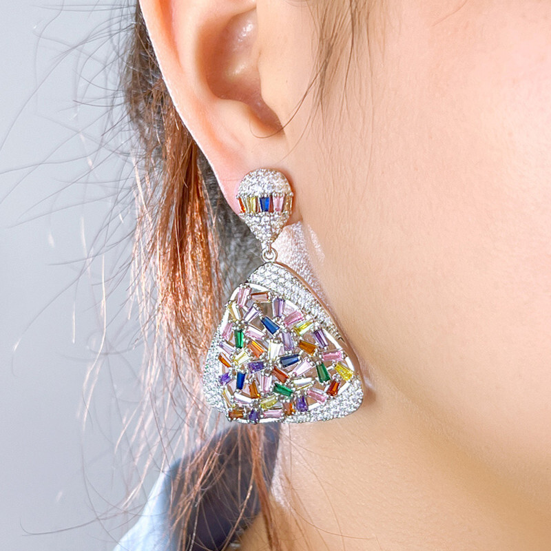 Women Silver Plated Hollow Out Triangle Long Dangle Drop Earrings Zircon Jewelry