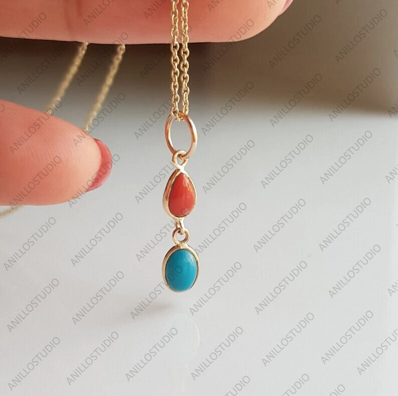 Colgante Gota Ovalada Coral Natural y Turquesa Para Collar Joyería Oro Amarillo 14k Foto 4 de 4