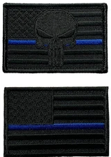 USA Flag Skull Thin Blue Line Patch [2PC - Hook Fastener]