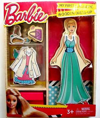 BARBIE MY FIRST MAGNETIC WOODEN DRESS-UP DOLL SET,W/ DOLL,STAND,&  CLOTHES,3+,NEW