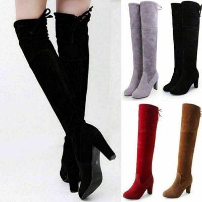 Damen Wildleder Overknee Stiefeletten Party Blockabsatz Stiefel Boots Schuhe DHL