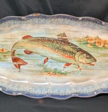 Large Antique LIMOGES Trout Fish Water Lily Lotus Flower Platter 21"