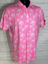 Sunday Swagger LARGE Men's Performance Pink Floral PALM Stretch Golf Polo Shirt