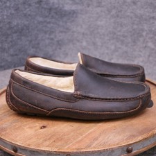 UGG Ascot Slippers Dark Spice Brown Leather Men's Size 9 EEE Wide Fur Lined 5379