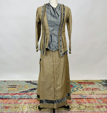 Antique Victorian 1890s Bodice and Skirt Set Brown Gray Linen  Silk AS IS