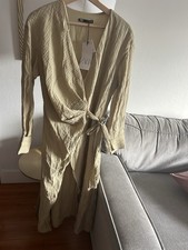 Zara Ruched Long Sleeve V-Neck Midi Wrap  light Khaki Dress Blogger Women's S