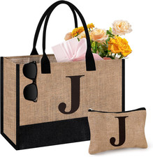 Initial Jute Tote Bag  Makeup Bag, Birthday Gifts for Women Her Mom Teachers Fr
