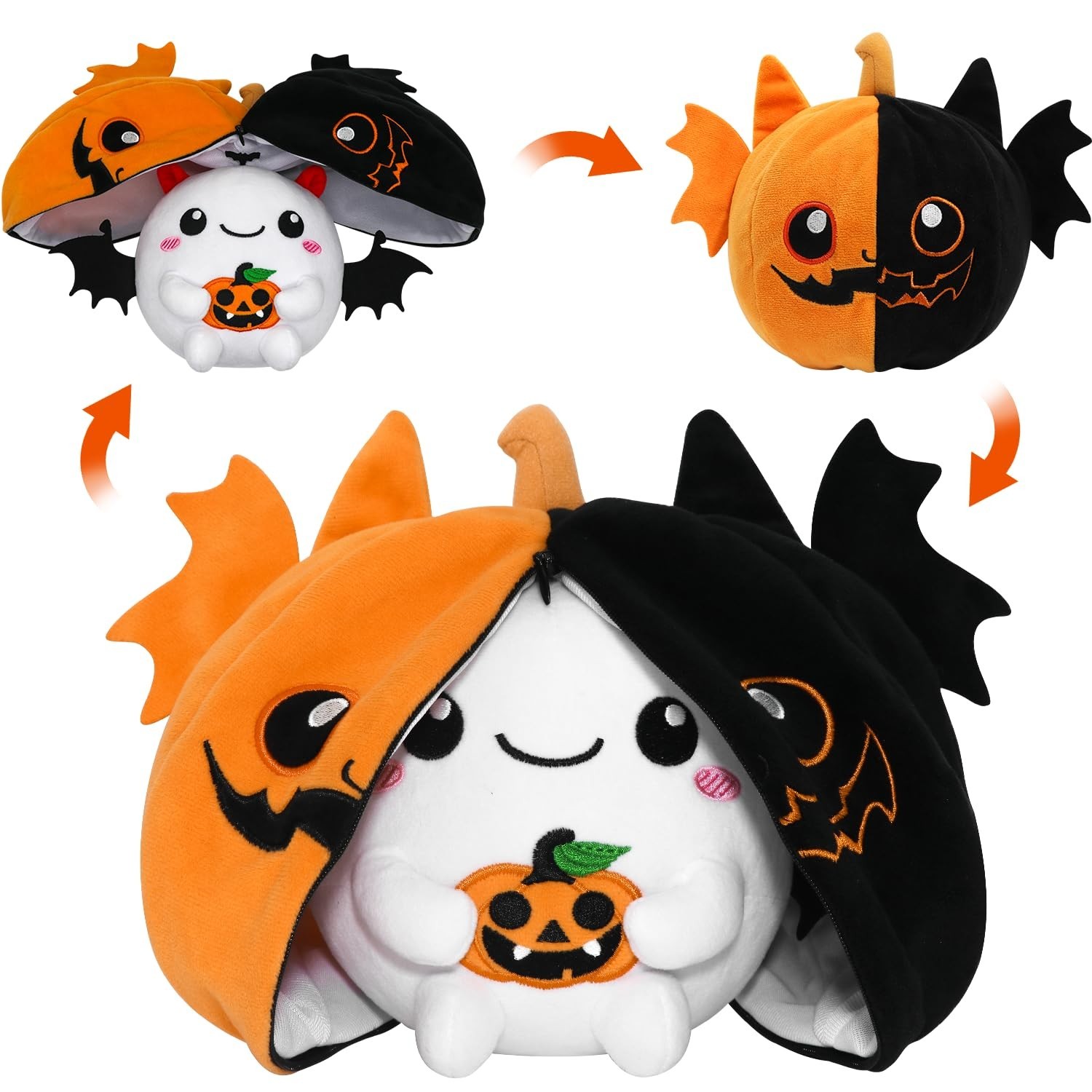 Reversible Halloween Bat Ghost Plush Toy, Pumpkin Zipper Plushie, Cute Gift for