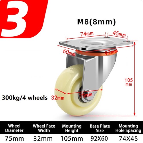 Heavy Duty Nylon Swivel Castor Wheels 40mm-125mm Trolley Furniture Caster Brake - Afbeelding 19 van 26
