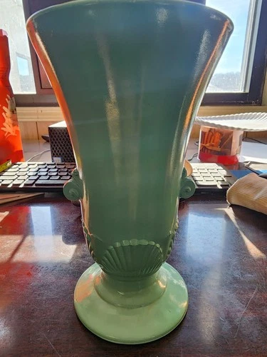Vintage Art Deco Uranium Green Shell Vitrock Vase Milk Glass 1930's 7.5"