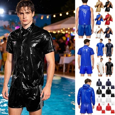 Schwitzanzug Herren Kurz Sommer Jogginganzug Wasserdichte Lack Leder Top +Shorts - Bild 1 von 4