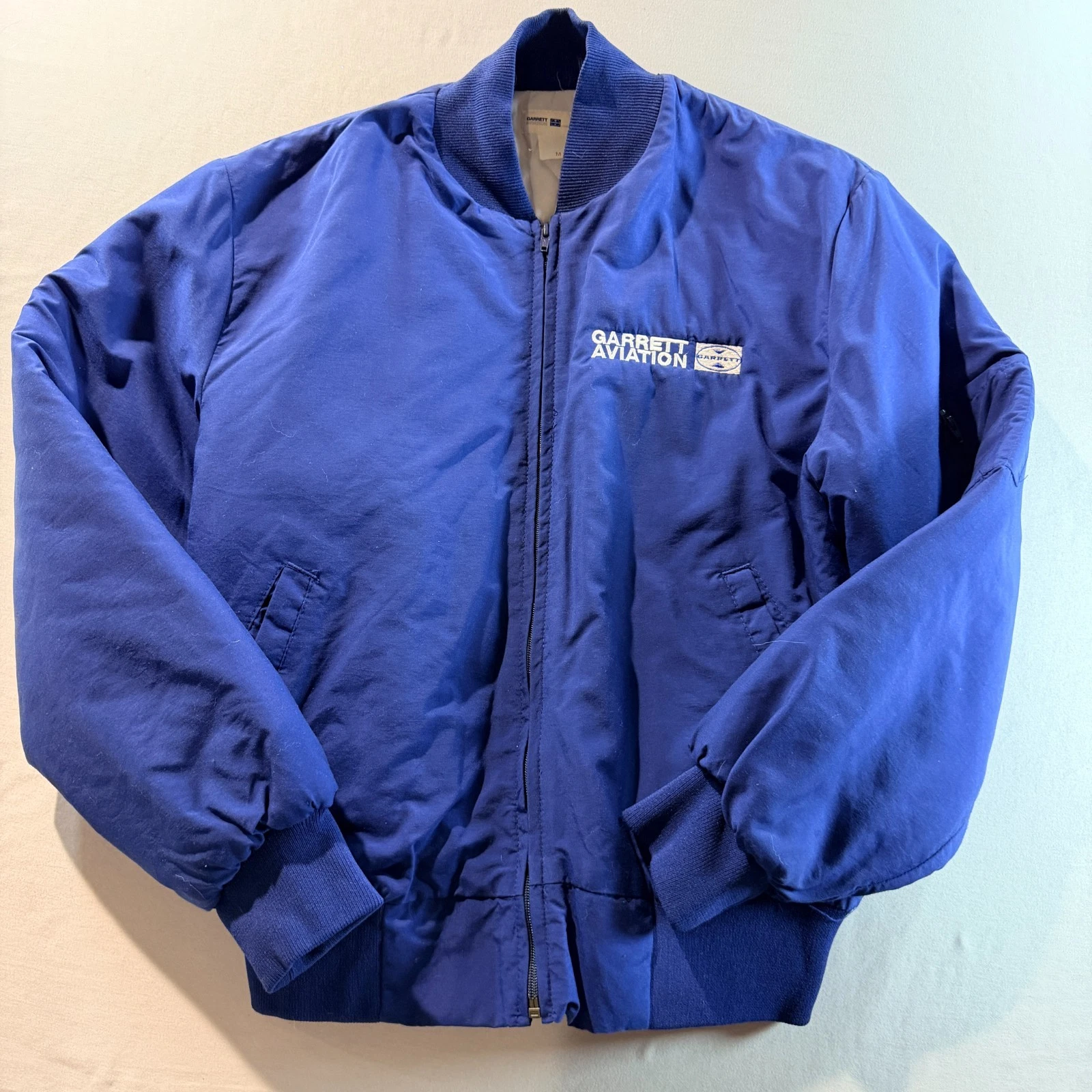 Vintage Garrett Aviation Bomber Jacket Blue Insulated Zip Up Mens Medium