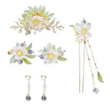 5Pcs Lily Flower Tassel Chinese Hair Pins, Crystal Pearl Hanfu Hair Clips