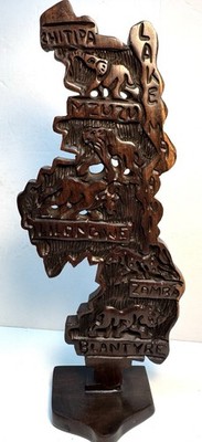Vtg Handmade Carved African Art Map Of Malawi And Lake Malawi Teak Wood On Stand