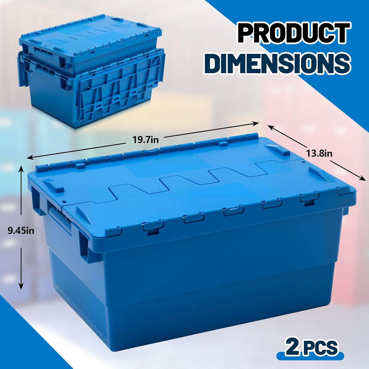 2-Pack Stackable Blue Storage Bins with Hinged Lids for Garage