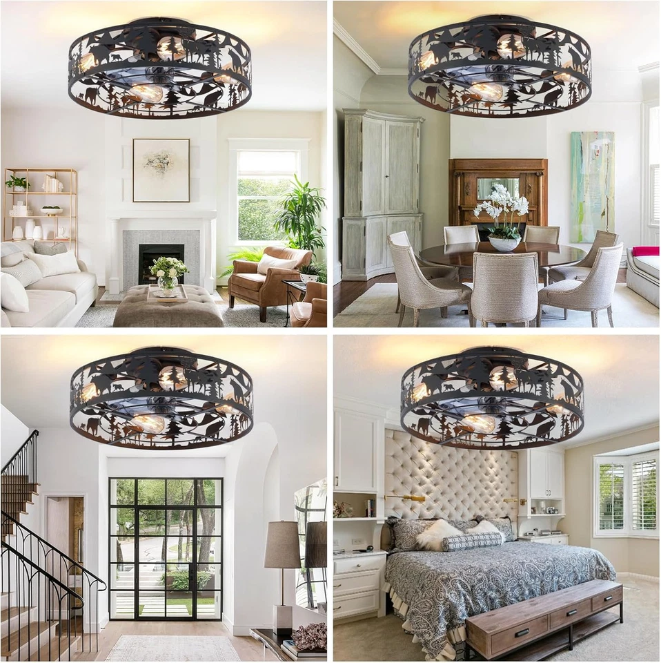 Farmhouse Rustic Ceiling Fan with Light - Bear Deer Design, 6 Speeds Black Caged - Image 3 of 4