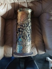 Vintage Embossed brass cylinder umbrella or stick stand  with a repoussé design